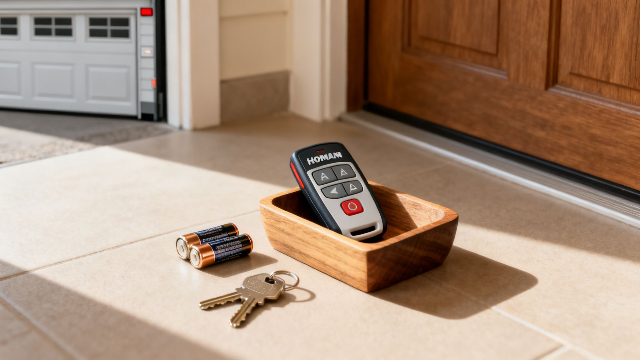 Télécommande de porte de garage Hormann avec piles, clés et plateau en bois sur un sol carrelé, près d'une porte de garage ouverte.