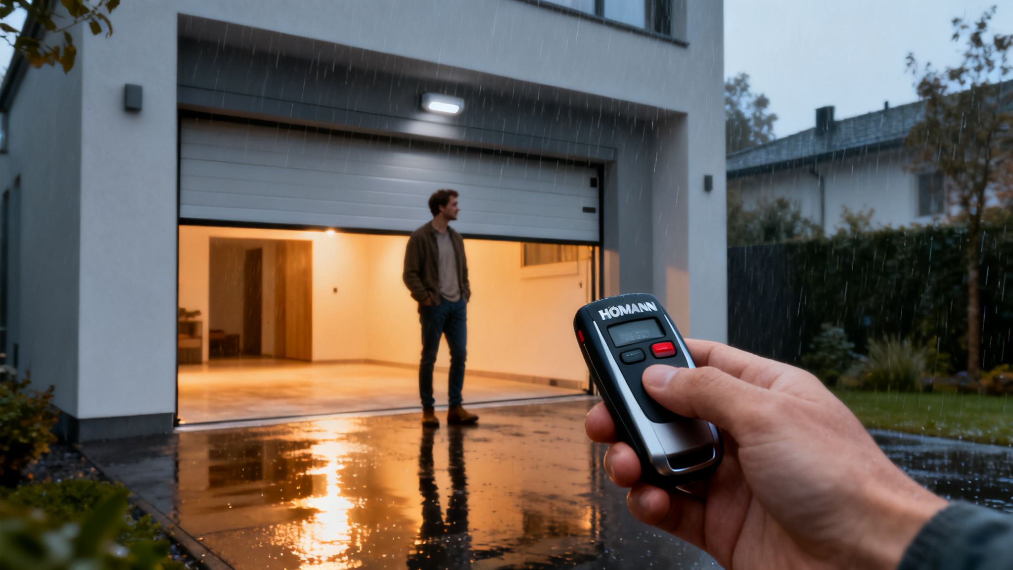 Un homme dans un garage ouvert sous la pluie, une main tient une télécommande Hörmann pour porte de garage.