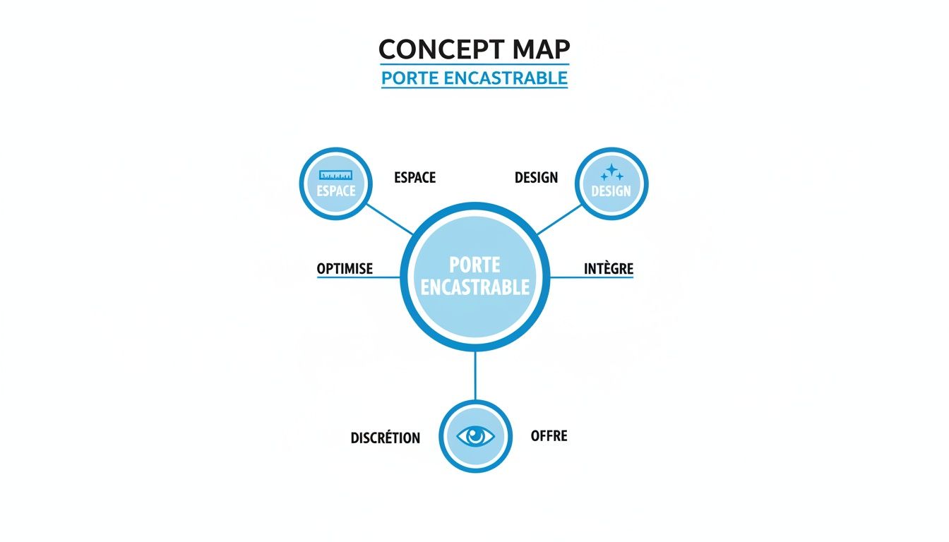 Une carte conceptuelle expliquant les avantages des portes encastrables : optimisation de l'espace, design intégré et discrétion.