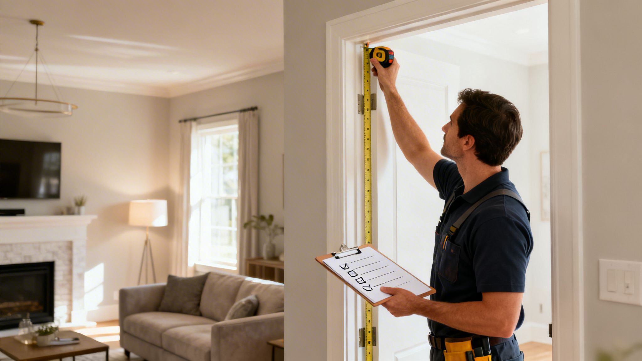 Un homme mesure une porte avec un mètre ruban tout en tenant un presse-papiers avec une liste de contrôle.