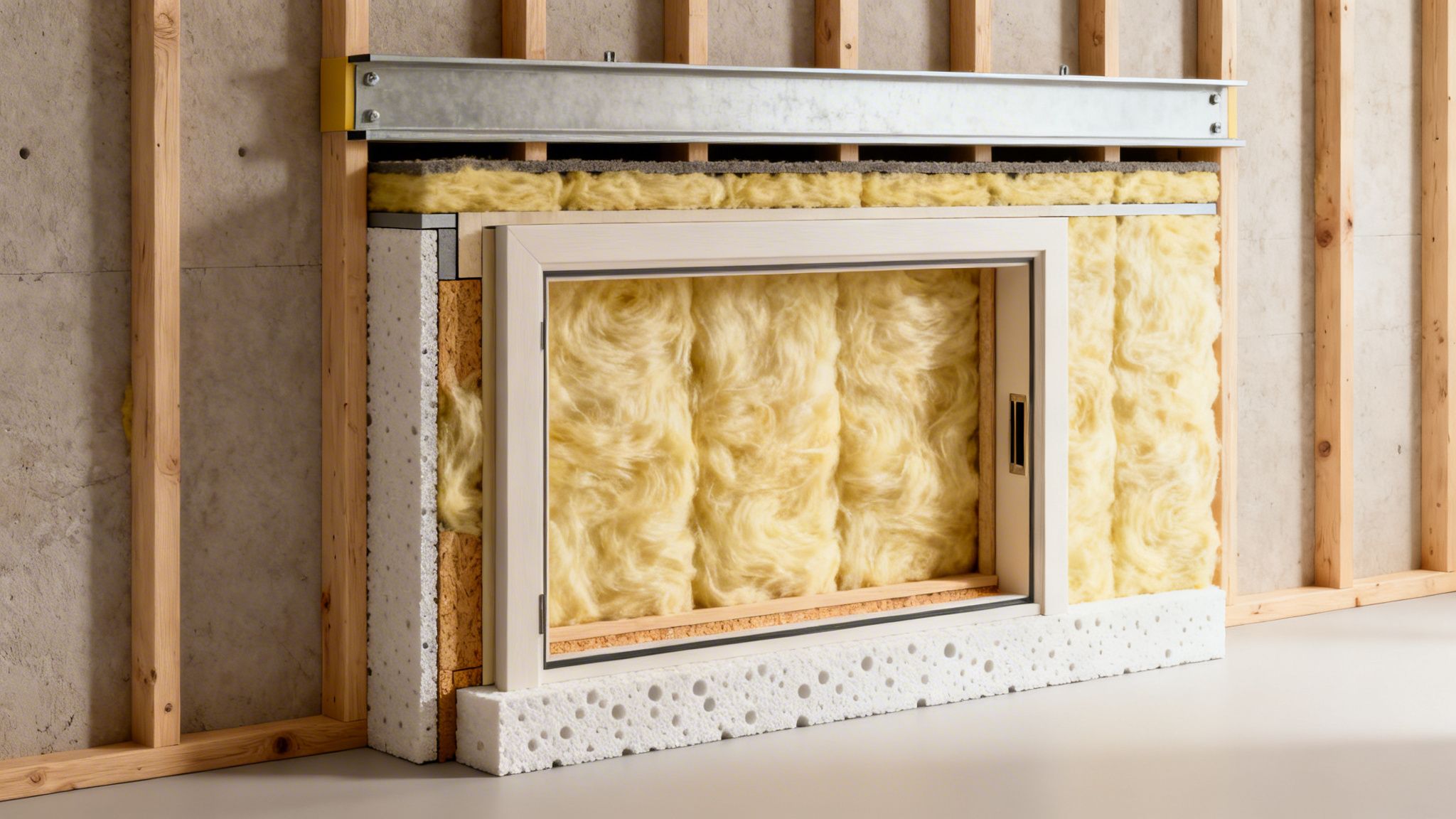 Coupe transversale d'un mur montrant une porte coulissante encastrée, isolation en fibre de verre et structure en bois.