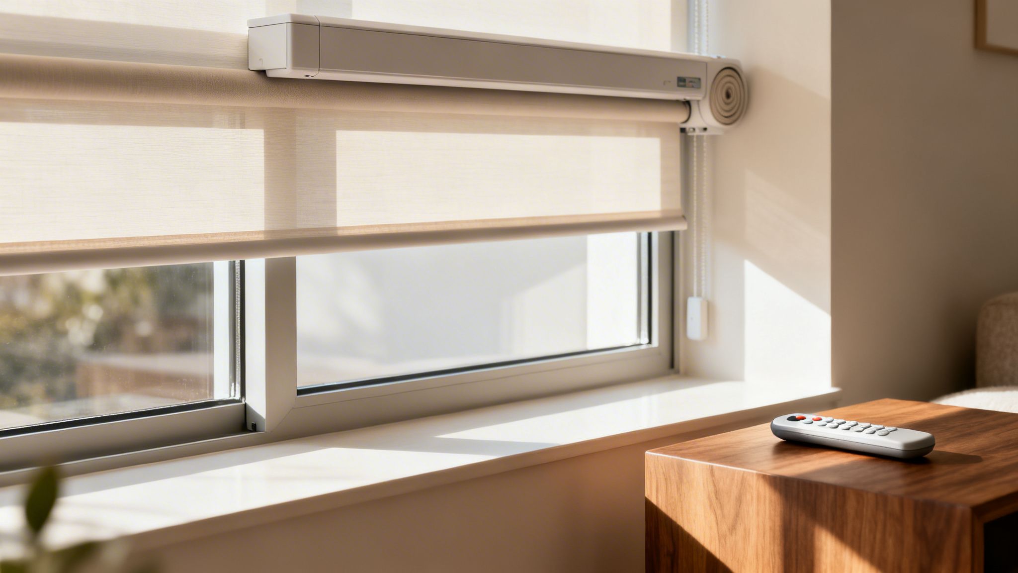 Des volets roulants électriques beiges couvrant une fenêtre, avec une télécommande sur une table en bois, baignée de soleil.