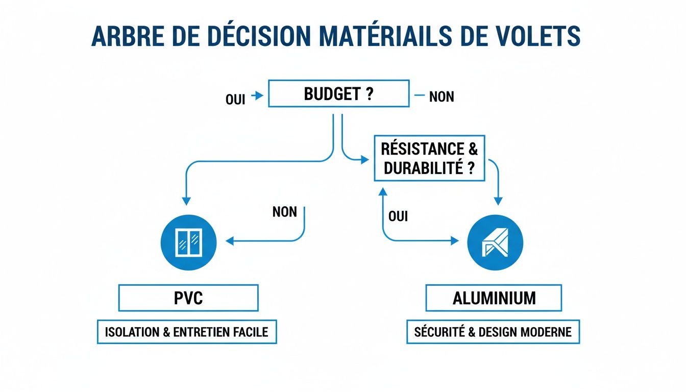 Arbre de décision pour choisir entre volets PVC et aluminium, basé sur le budget, la résistance et la durabilité.