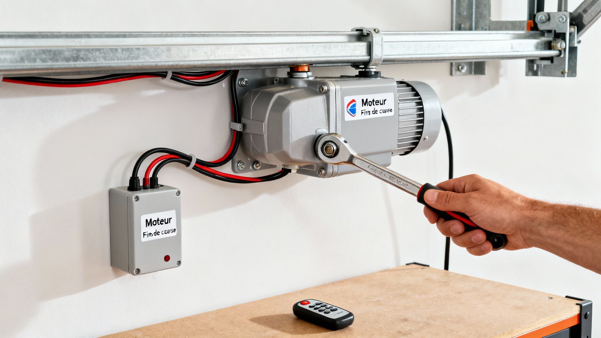 Main ajustant un moteur de porte de garage avec une clé, boîtier de commande et télécommande visibles.