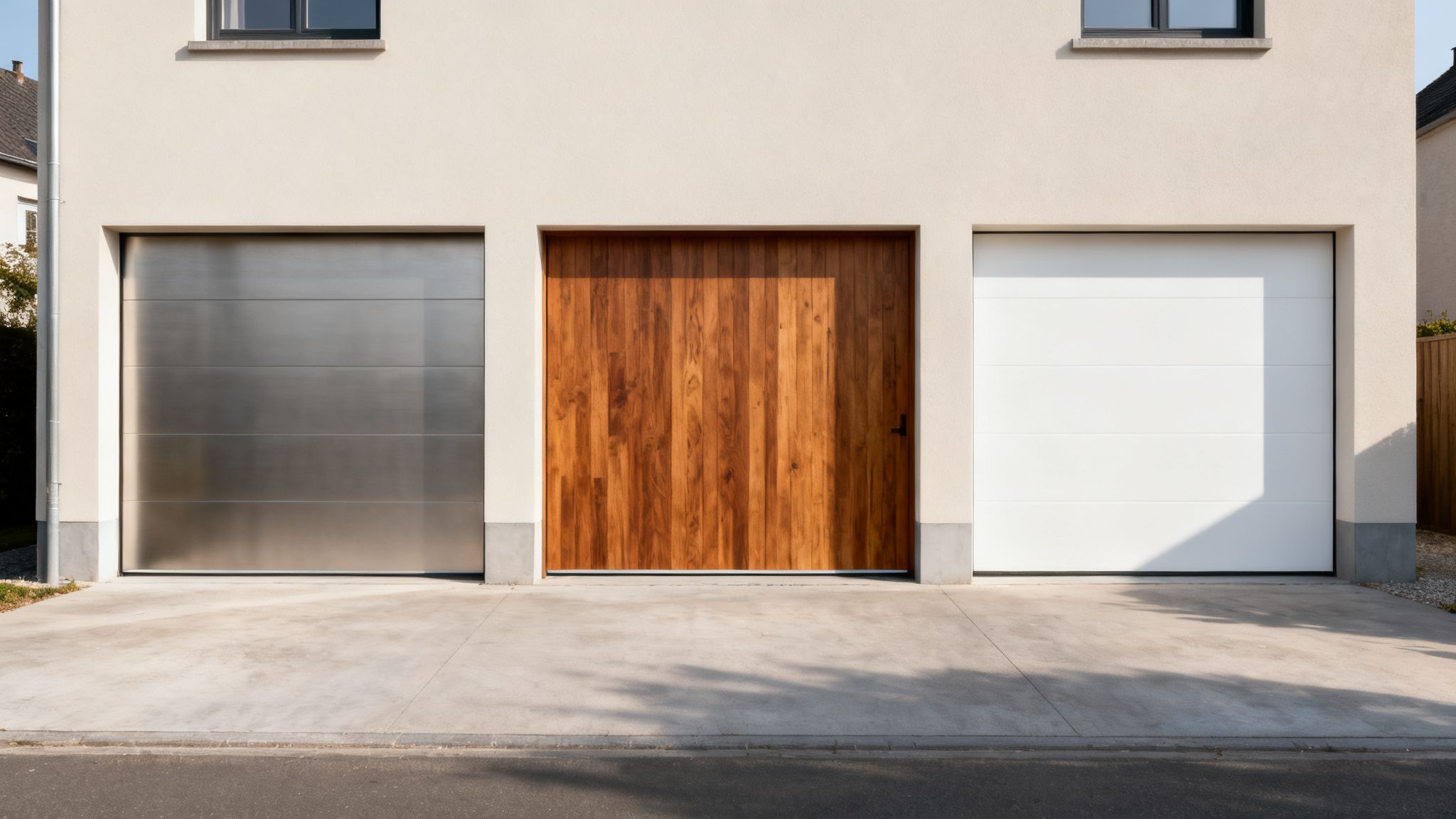 Trois portes de garage modernes (acier, bois, blanche) sur une façade claire d'une maison contemporaine.