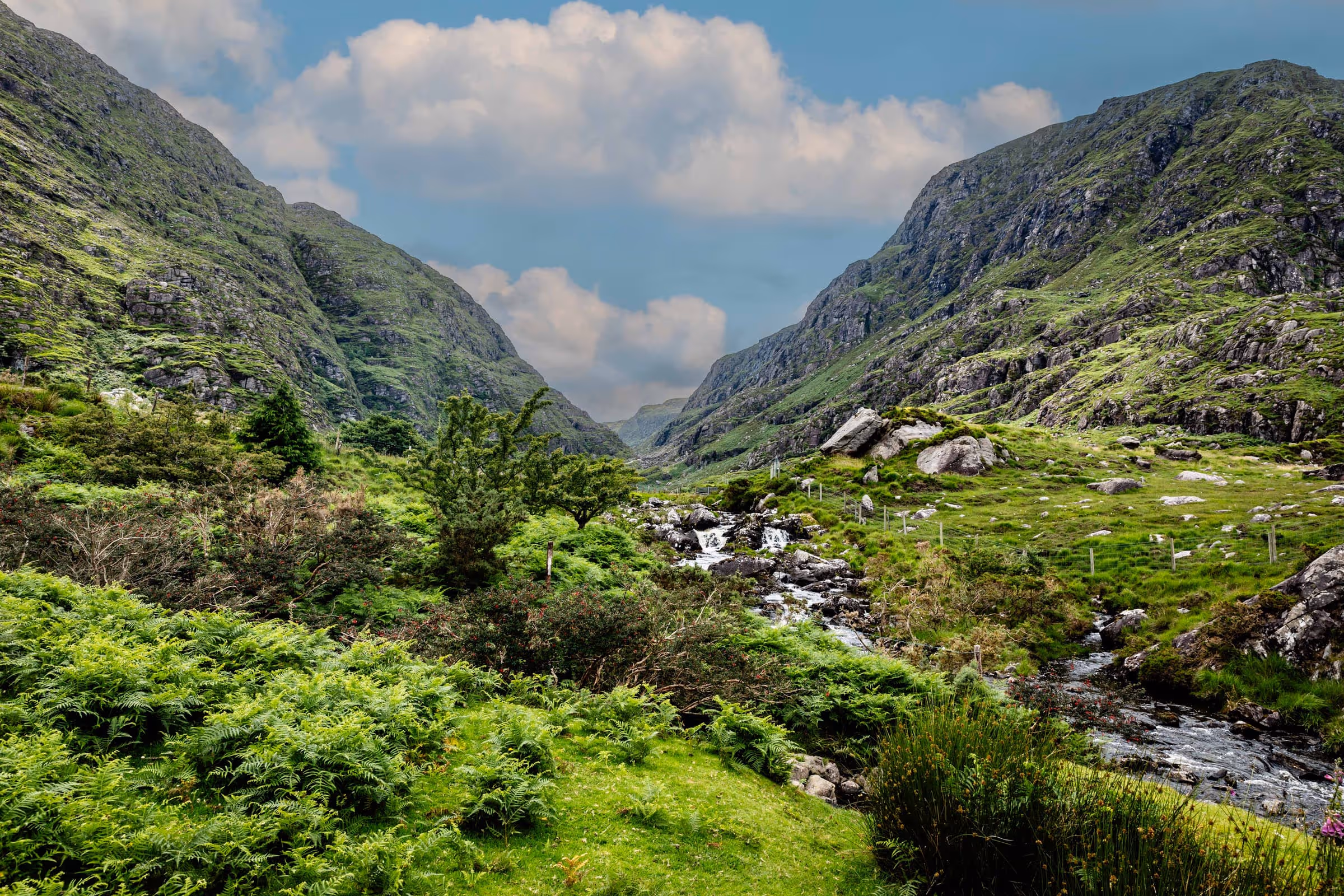 Green mountainous valley with rocky slopes, dense vegetation, and a small flowing stream under a blue sky with scattered clouds.