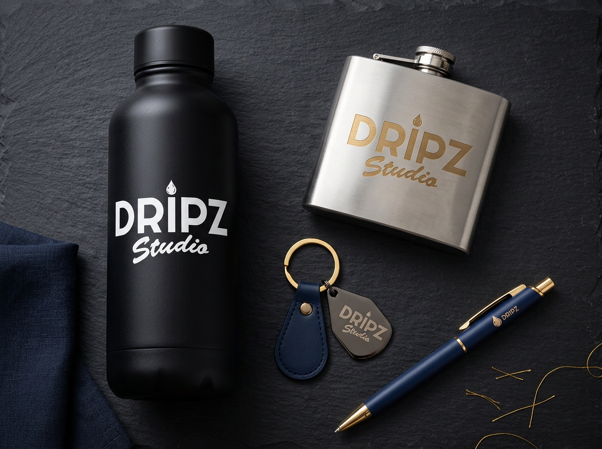 Objets publicitaires personnalisés : gourdes, stylos et porte-clés imprimés en couleur