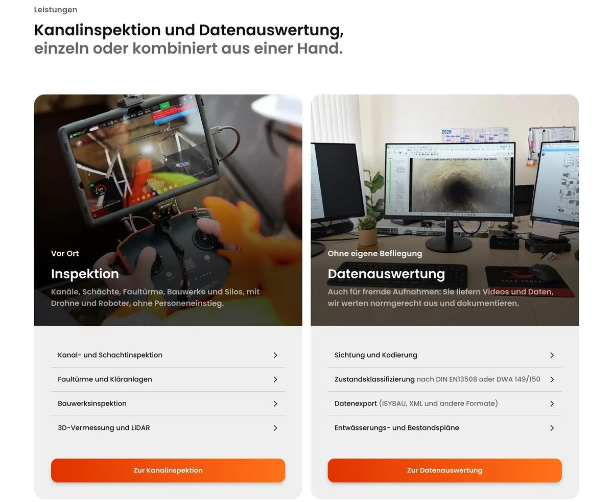 Leistungsübersicht der ErKa-Control-Website auf dem Desktop