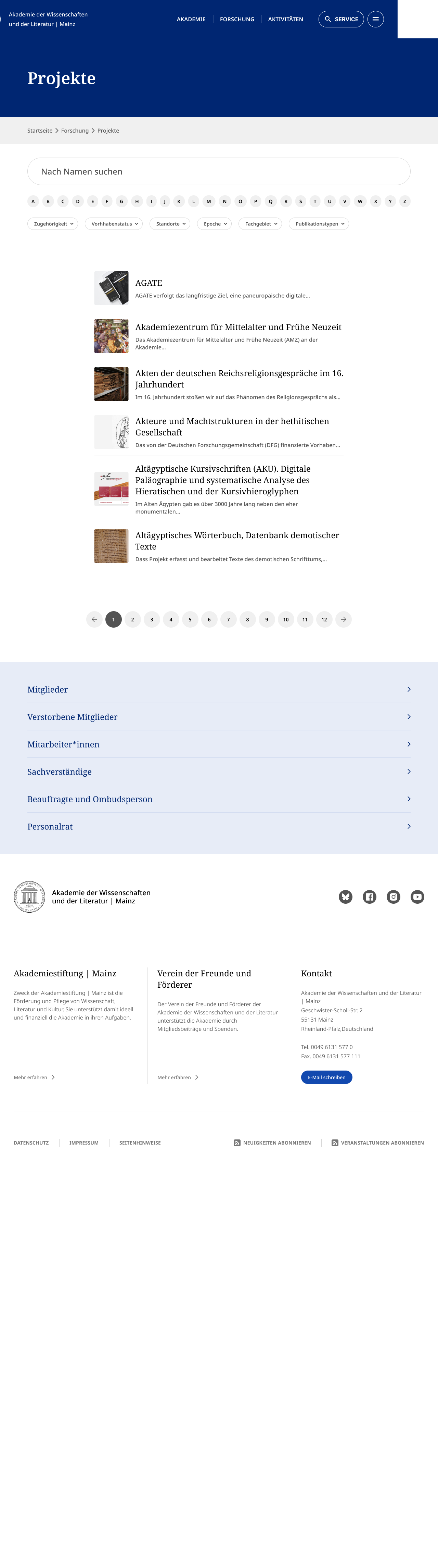 Projekte-Übersicht mit A bis Z und Filtern
