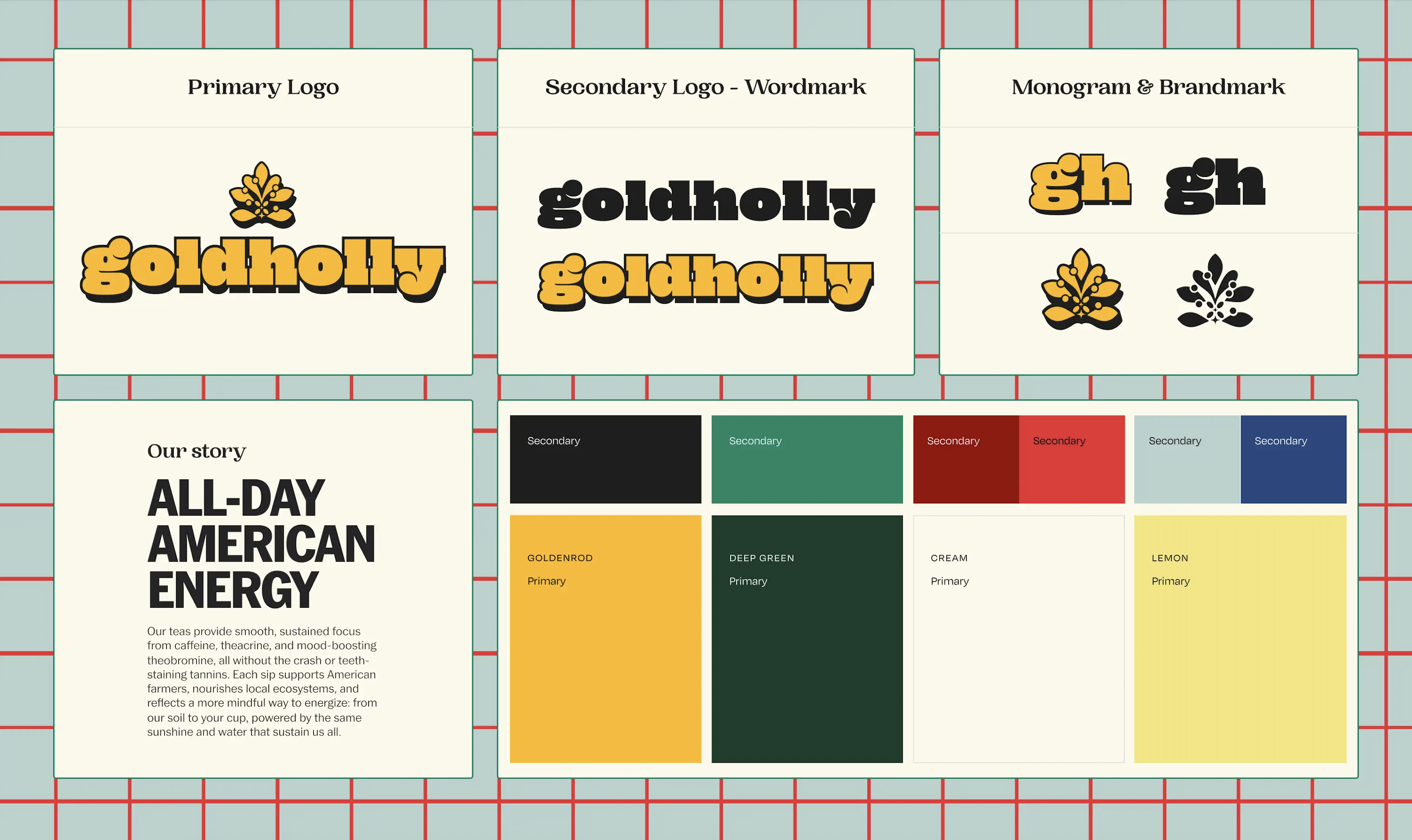 visual identity of goldholly tea brand shown in graphics, logos, and a color palette of yellow, green, red, and blue
