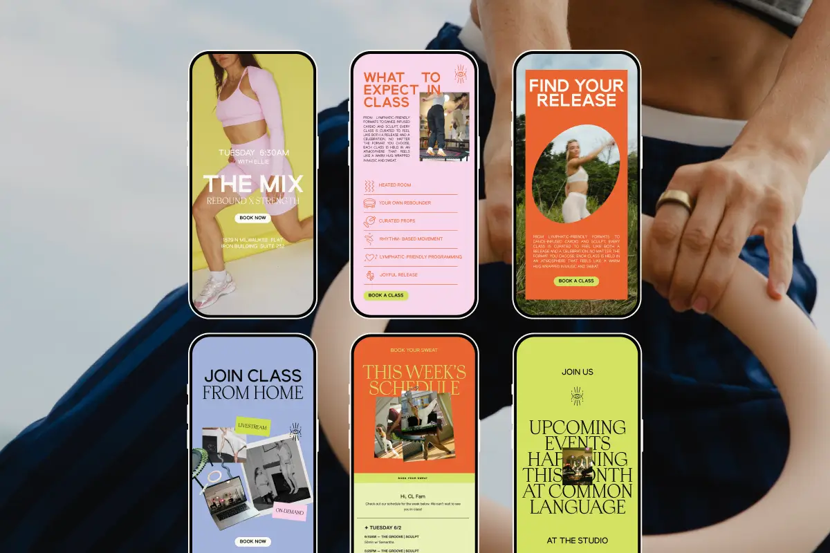 screenshots on iphone of wellness branding overlaid on image of woman working out