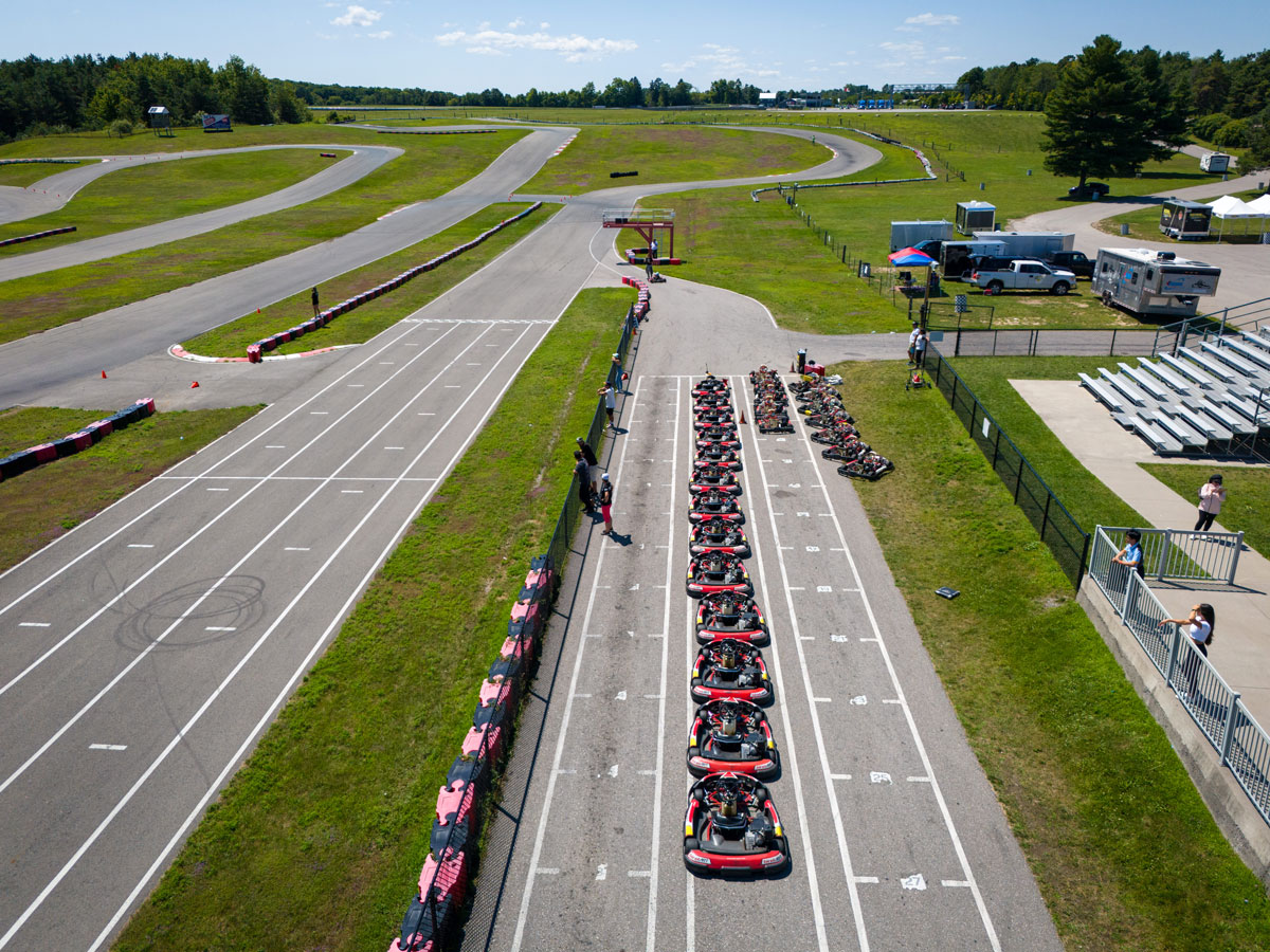 Aerial view of the kart grid at Mosport Karting Centre