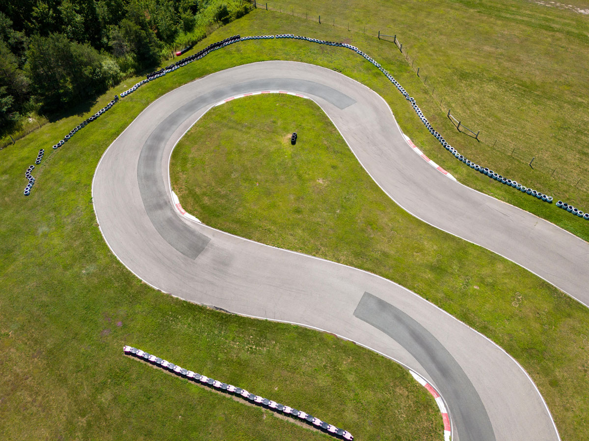 Drone photo of karts racing at Mosport