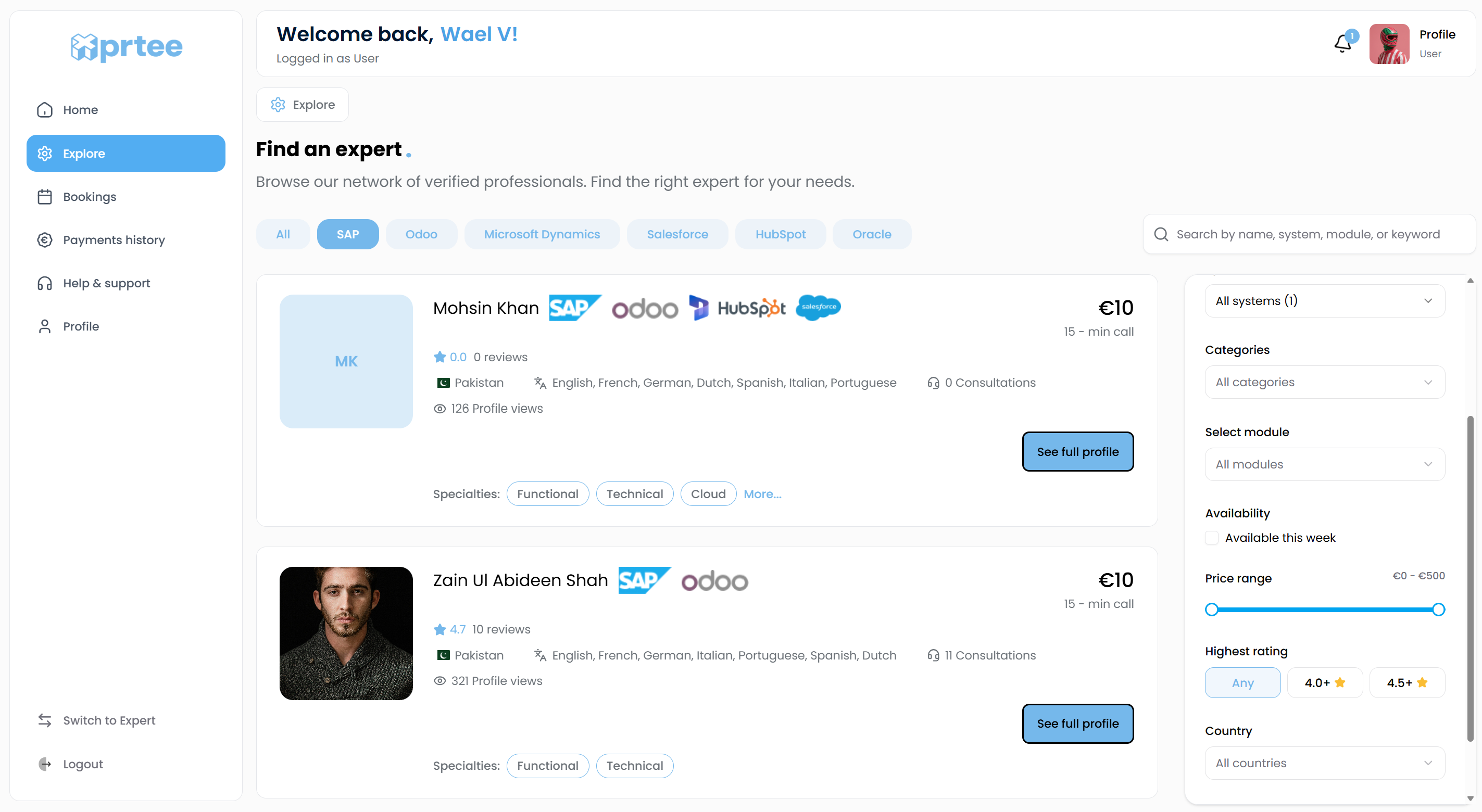 Dashboard interface of XPRTEE platform showing upcoming call with Dr. Sarah Chen, featured experts listed as John Doe, and connected experts including John Doe, James Wilson, and Elena Rodriguez with options to schedule calls.