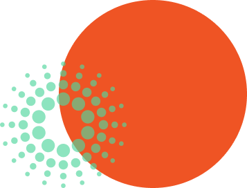 Abstract design with a large orange circle partially covered by green dots forming a spiral pattern.
