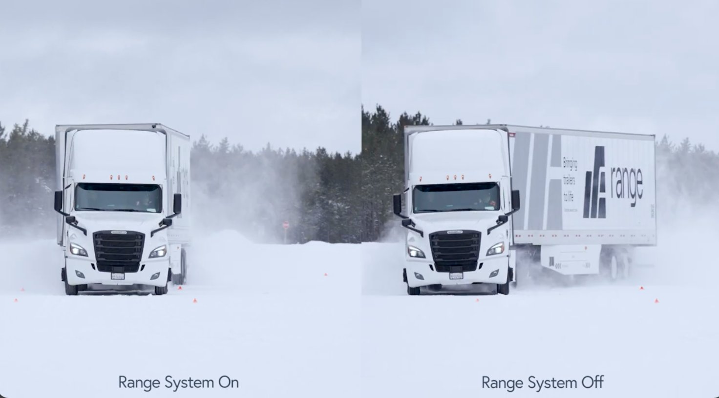 Side-by-side comparison of a semi-truck stopping on snow with the Range system on versus off