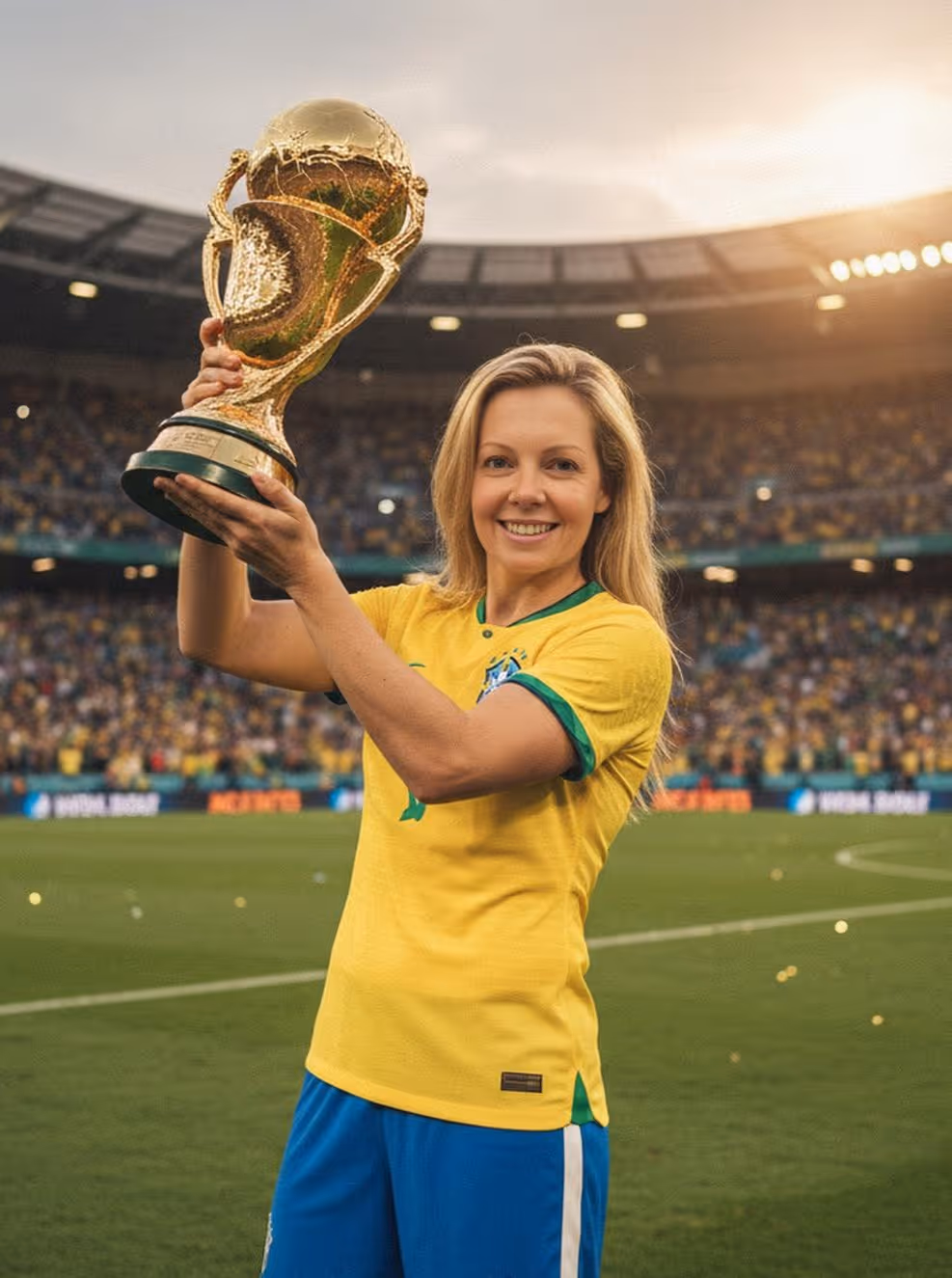 AI-generated soccer champion portrait lifting a trophy for a sports sponsorship activation, illustrating professional AI Photo Booth hire for fan engagement in London and USA.