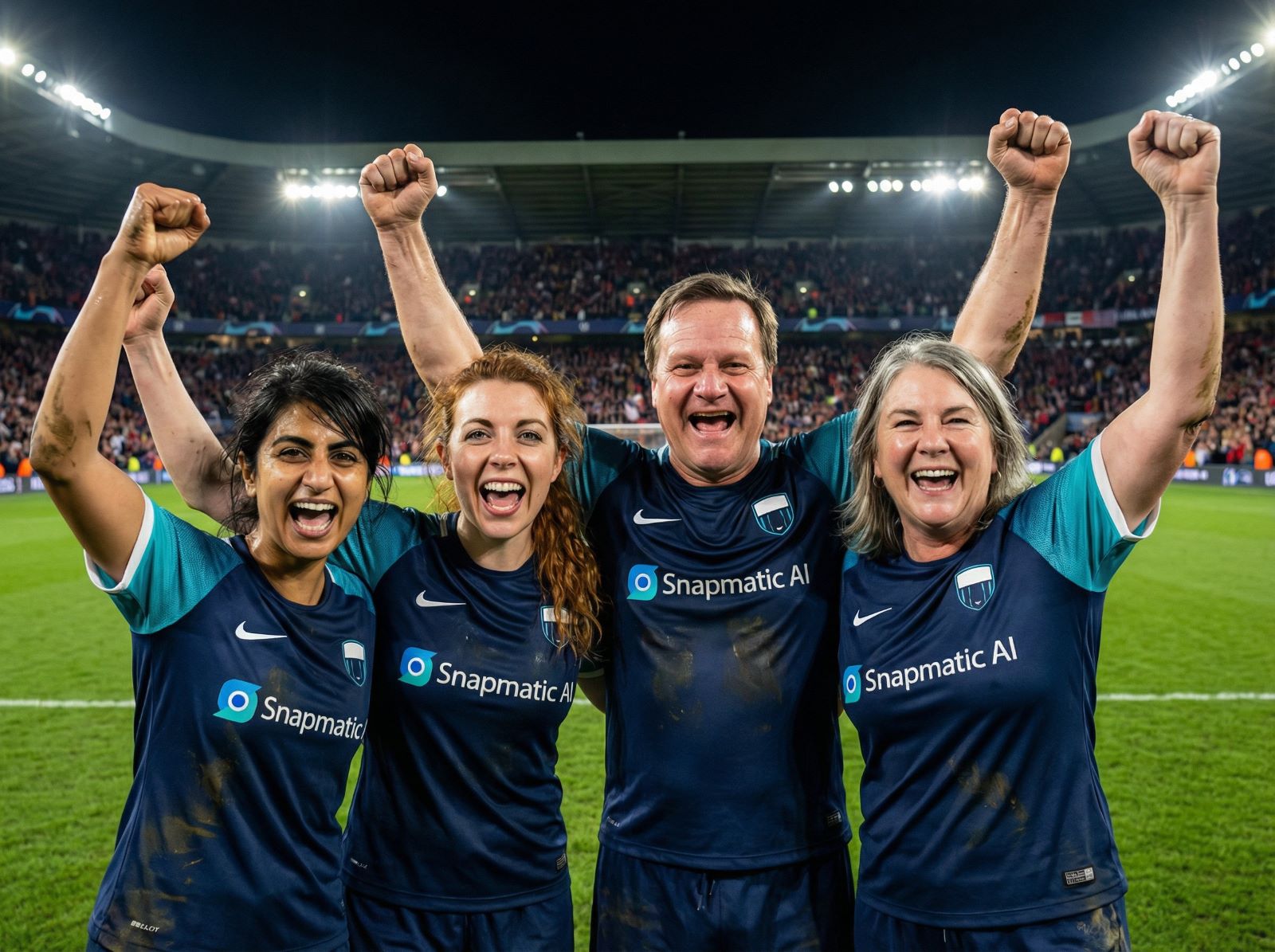FIFA 2026 Fan Activation: Group Celebrating in Primatix AI Branded Football Kits.
