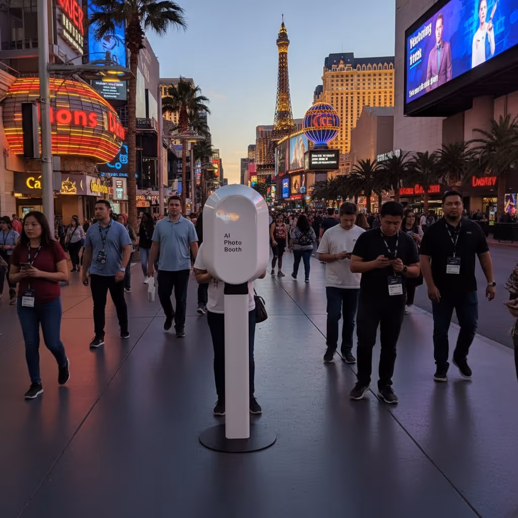 A Primatix AI Photo Booth kiosk set up for an outdoor brand activation on the Las Vegas Strip, featuring a digital gallery of AI trading cards.