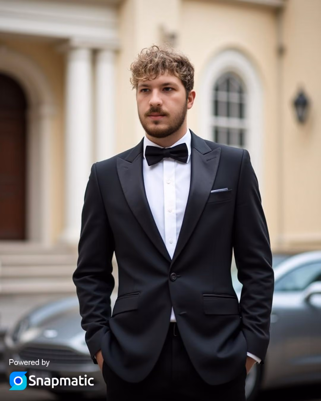 James Bond–themed AI photo booth portrait of a guest in a tuxedo outside a grand venue — AI photo booth hire for events