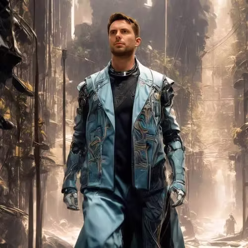 Futuristic sci-fi AI portrait of a guest in an armoured coat in a ruined city — AI photo booth for events