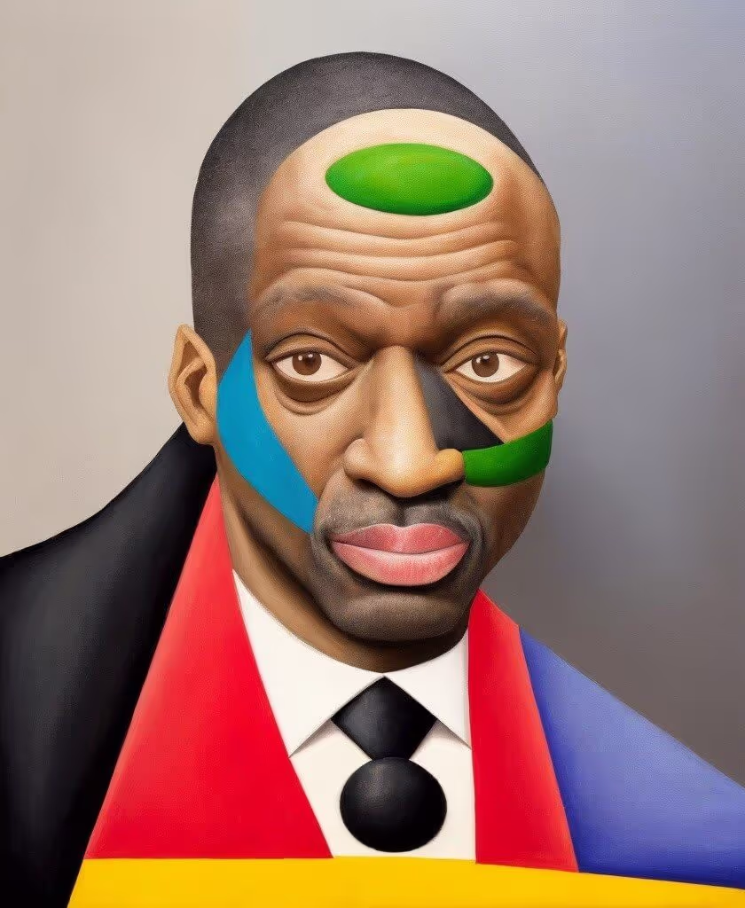 Bold cubist, Picasso-style AI portrait of a guest in a suit — artistic AI photo booth hire for events