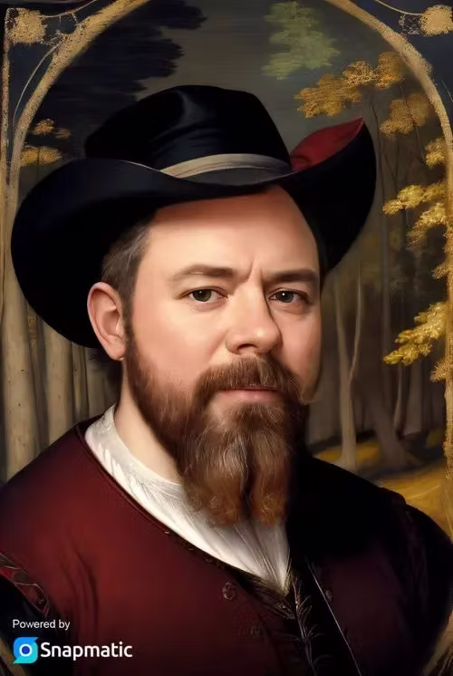 Renaissance oil-painting AI portrait of a bearded guest in a red-feathered hat — AI photo booth hire for events