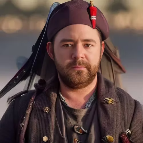 Pirate-themed AI portrait of a bearded guest in a tricorn hat and leathers — AI photo booth for events