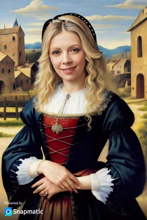 Renaissance oil-painting AI portrait of a woman in a red-and-black bodice gown — AI photo booth for events