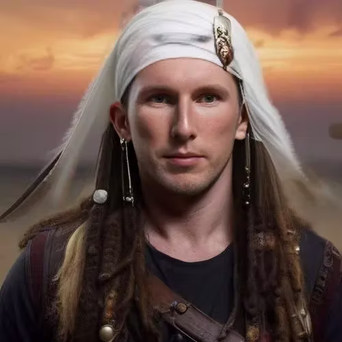 Pirate-themed AI portrait of a guest in a beaded headscarf — AI photo booth for events