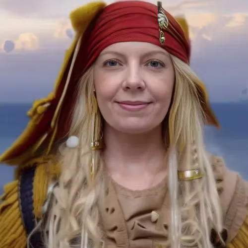 Pirate-themed AI portrait of a woman in a bandana with beaded hair — AI photo booth for events