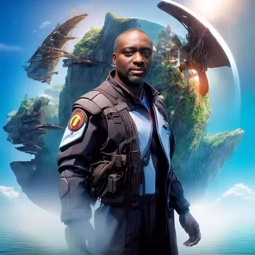 Fantasy sci-fi AI portrait of a guest before floating islands and a dragon — AI photo booth for events