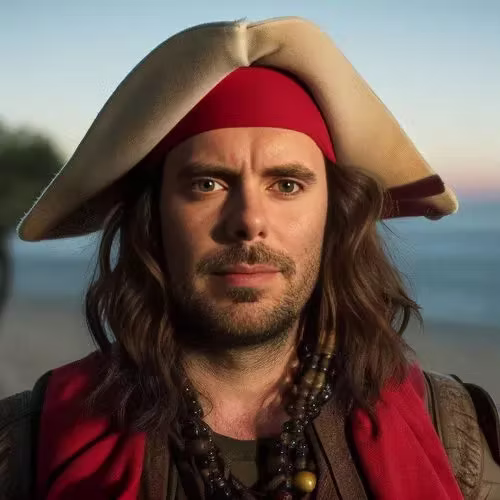 Pirate-captain AI portrait of a guest in a tricorn hat and red bandana — AI photo booth hire for events