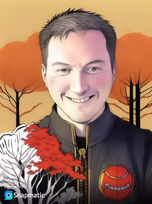 Anime-style AI portrait of a smiling guest against an autumn sunset — AI photo booth hire for events