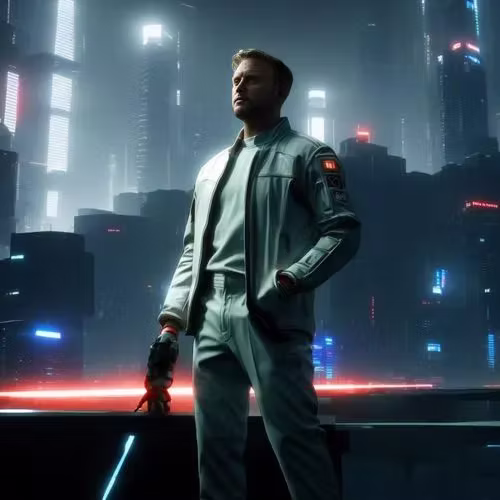Sci-fi AI portrait of a guest in a grey jumpsuit in a neon city — AI photo booth hire for events