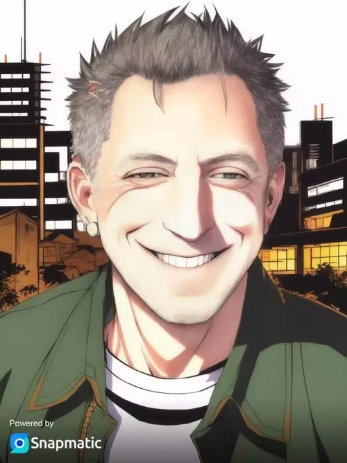 Anime-style AI portrait of a smiling guest in a city at dusk — AI photo booth hire for events