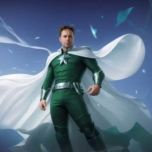 Superhero AI portrait of a guest in a green caped costume — AI photo booth for events