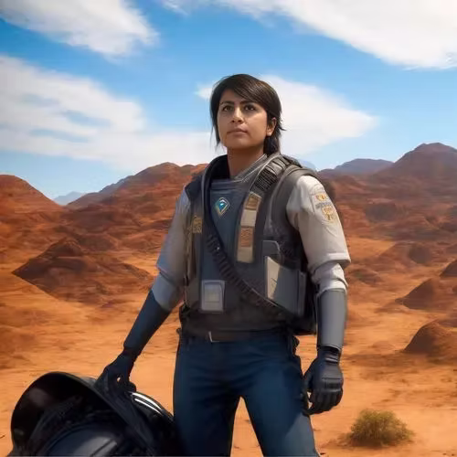 Desert sci-fi AI portrait of a guest in tactical gear among dunes — AI photo booth for events