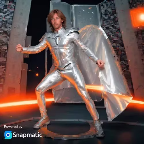 Retro-futuristic AI portrait of a guest in a silver caped suit — AI photo booth hire for events