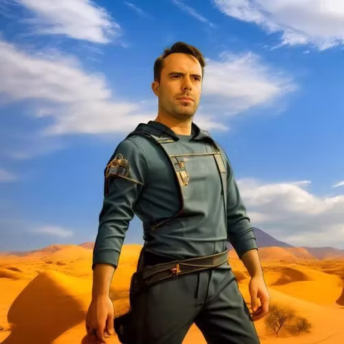Desert adventure AI portrait of a guest among sunlit sand dunes — AI photo booth for events