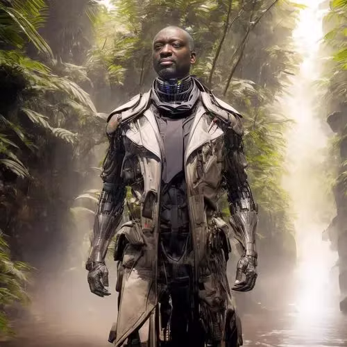 Sci-fi cyborg AI portrait of a guest in metallic armour in a misty jungle — AI photo booth hire for events