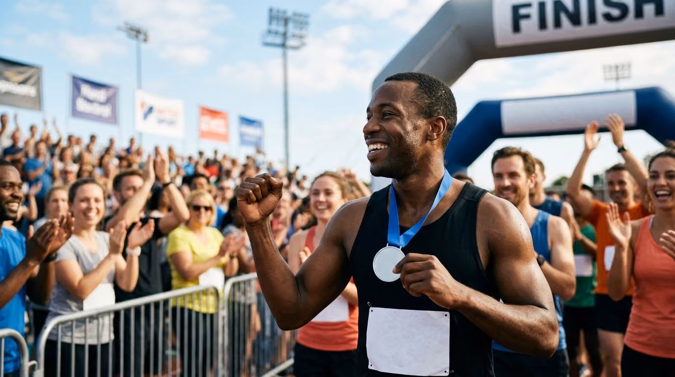 London Marathon runner celebrating at the finish line as the crowd cheers.