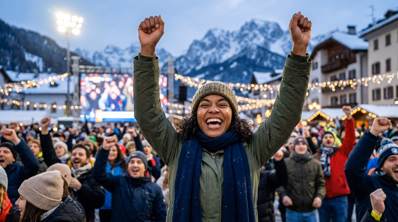 Milan-Cortina 2026 fans celebrating at a snowy winter fan zone.