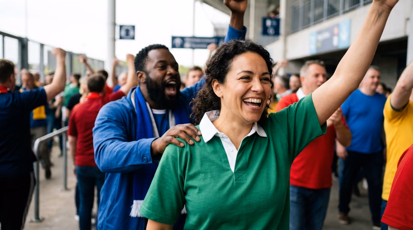 Women's Rugby World Cup 2029 fans celebrating at a stadium.