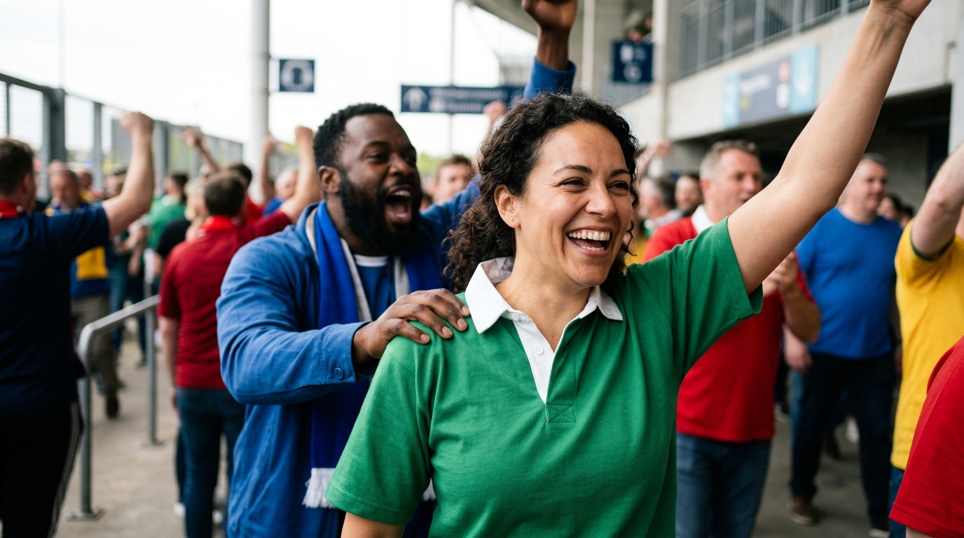 Women's Rugby World Cup 2029 fans celebrating at a stadium.
