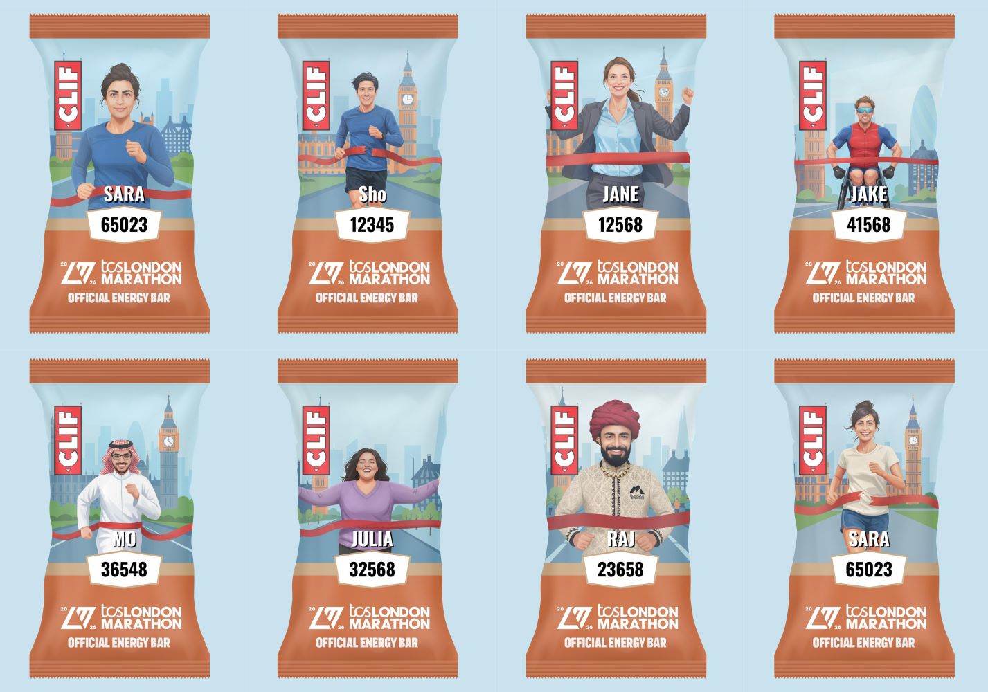 Eight AI-generated CLIF marathon packs showing runners of different skin tones, body types, cultural dress and a wheelchair racer.