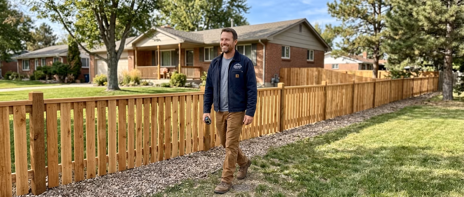 Man walking along a gravel path beside a long wooden fence with houses and trees in the background.
