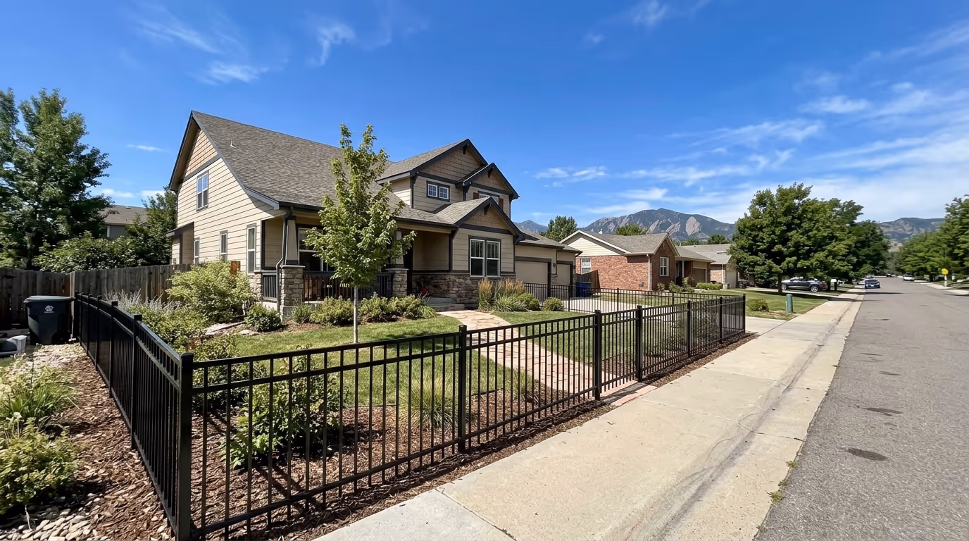 Suburban house with beige siding, stone accents, black metal fence, and a landscaped front yard under a blue sky.