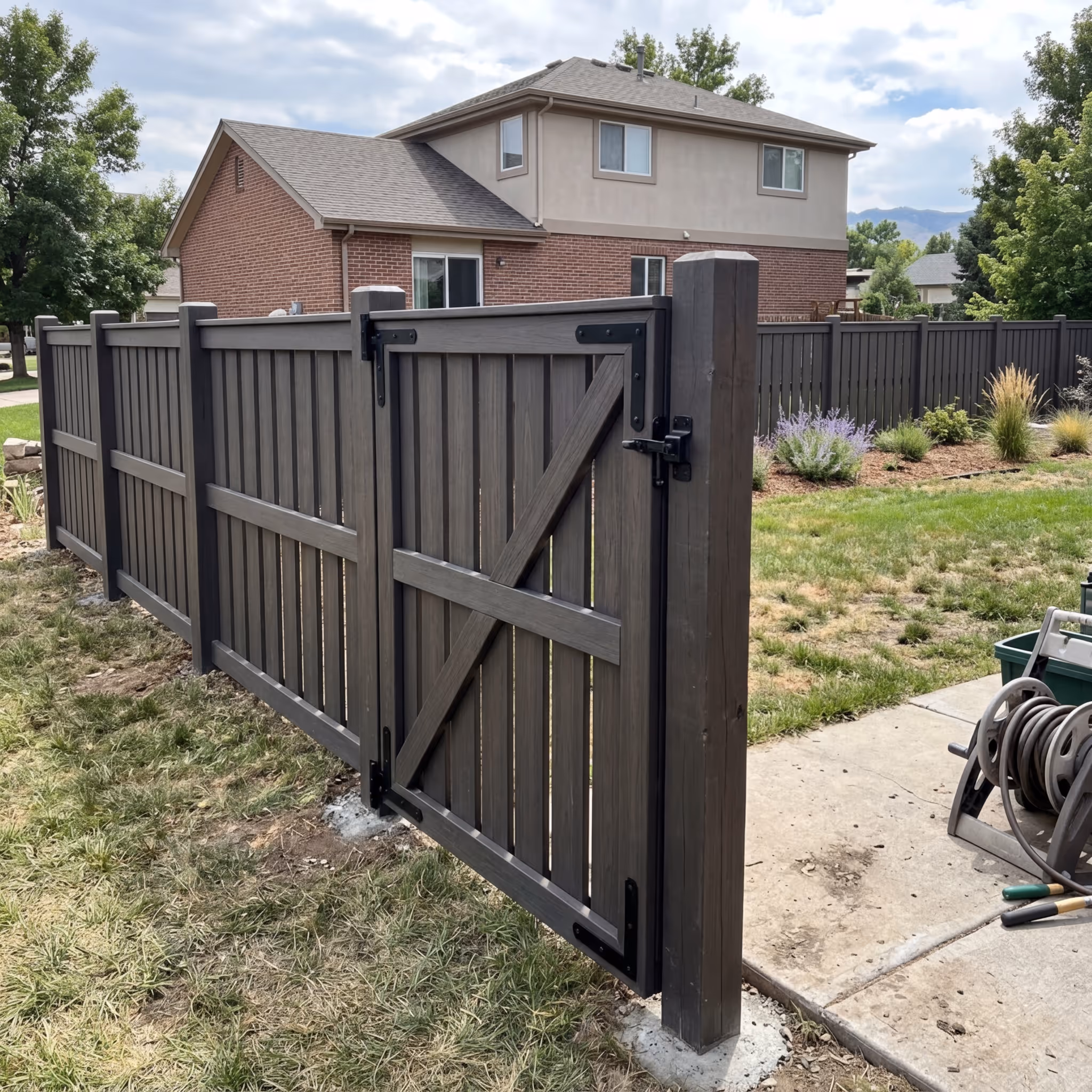 Dark gray wooden fence with gate in a backyard of a two-story house with brick and siding exterior.