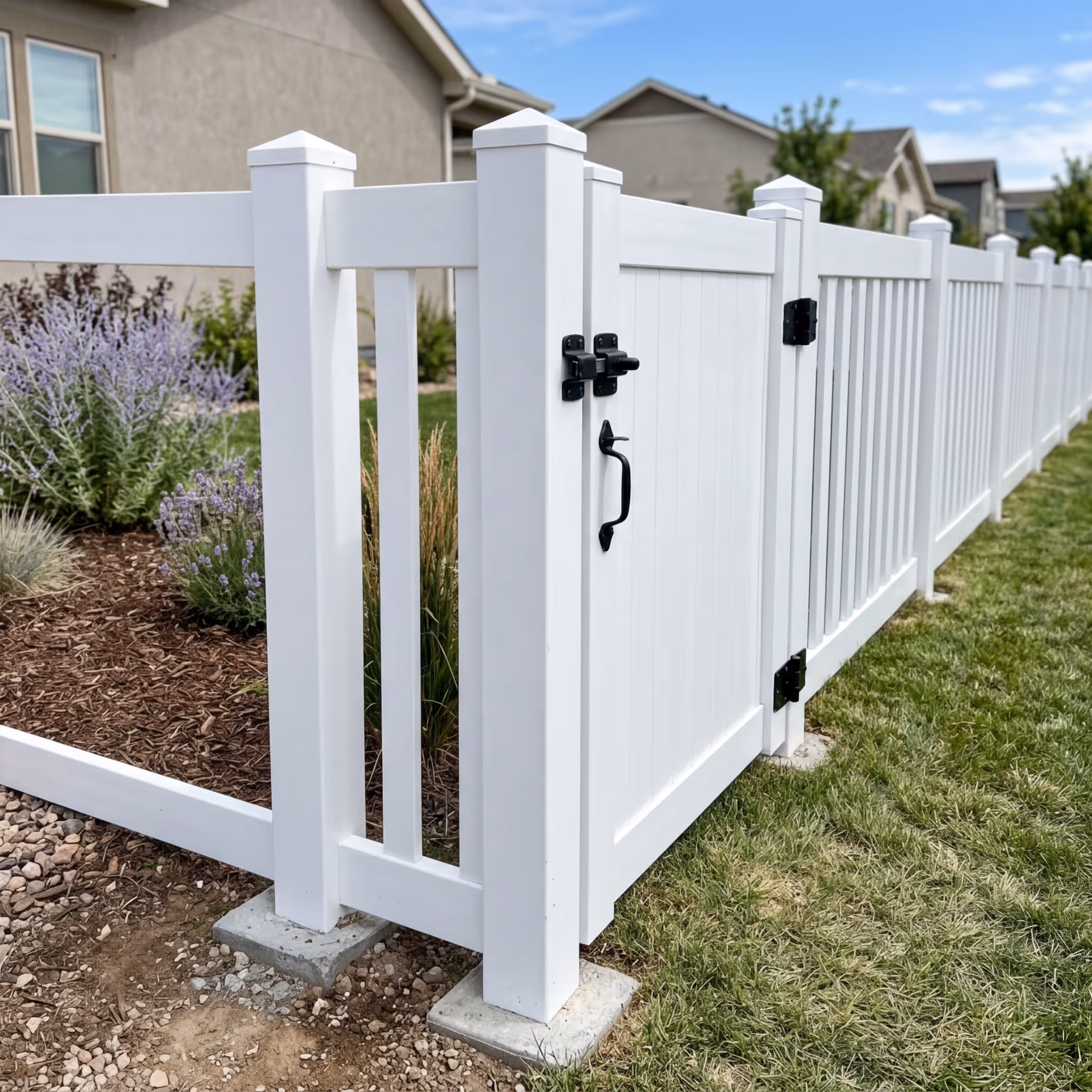 White vinyl fence with a gate featuring a black latch and handle along a lawn and garden bed with plants.